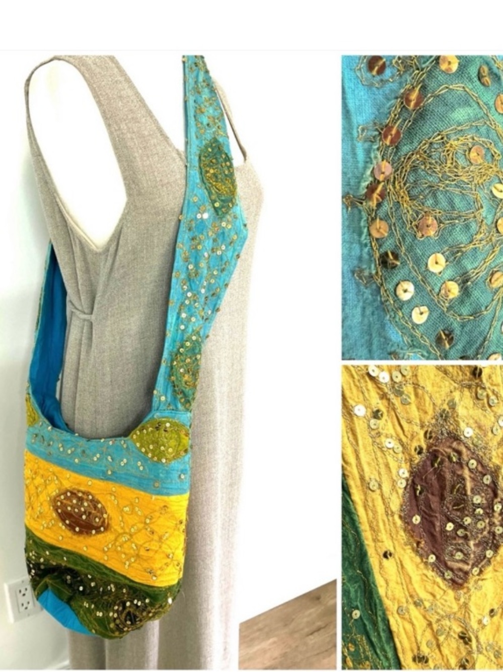 Hobo bag mustard, turquoise & green embellished w/gold sequins & lemon shapes